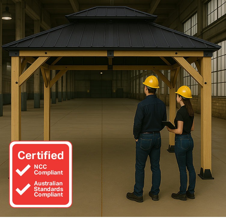 Two people inspecting a gazebo, certified compliant